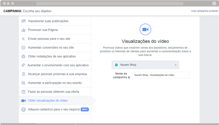 Anúncio Obter visualizações do vídeo Facebook
